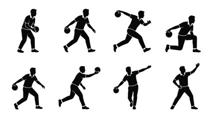 Cricket Player Vector Silhouette Icon Set Featuring Eight Action Poses Including Batting, Bowling, Catching, and Fielding for Sports Art, Training, and Graphic Design Use