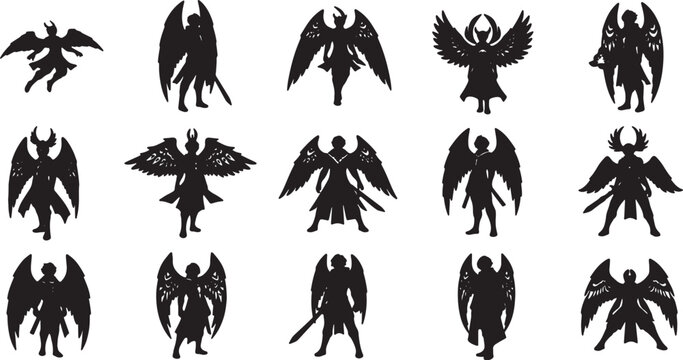 Winged Figures Silhouettes Collection, Angels and Demons, Isolated on White Background and Vector Graphic