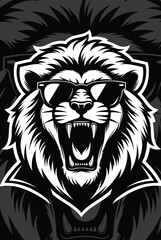 Obraz premium Roaring Lion Head with Sunglasses in Bold Black and White Vector Illustration, Fierce Wild Animal Mascot Design Isolated on Dark Background