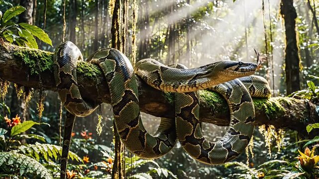 Massive python resting on tree branch in lush rainforest