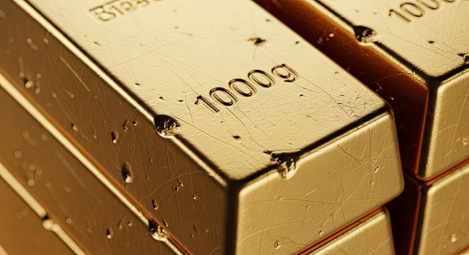 Close up of stacked 1000g gold bullion bars with realistic hammered metallic texture and engraved weight marks under soft lighting