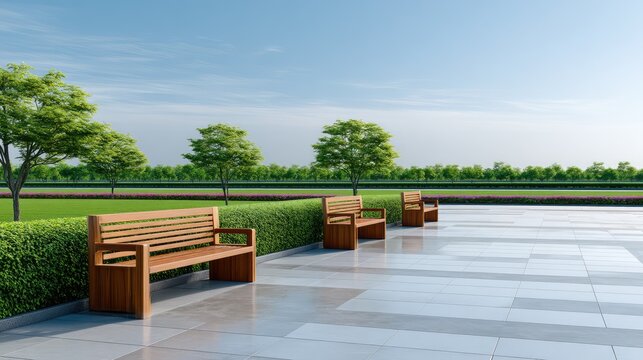 Tranquil Park Scene with Wooden Benches and Expansive Green Lawn under Clear Blue Sky in Daylight