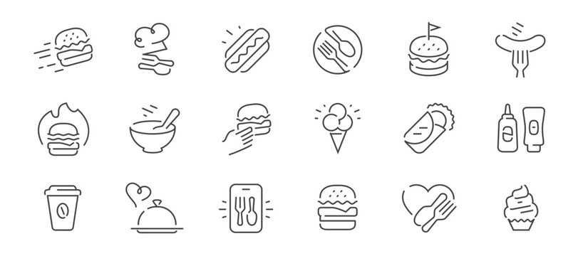Modern fast food line icons set. Street food symbols. Restaurant concept
