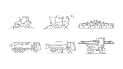 Obraz premium Agricultural Machinery Outlines: Detailed line drawings of agricultural machinery, meticulously rendered with precision and clarity.