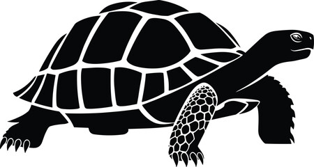 Tortoise Silhouette Illustration in Black Vector Style Featuring Detailed Shell Pattern Isolated on White Background for Wildlife, Nature and Animal Design