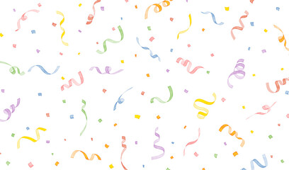 水彩風　カラフルな紙吹雪とくるくるリボンの華やか背景素材