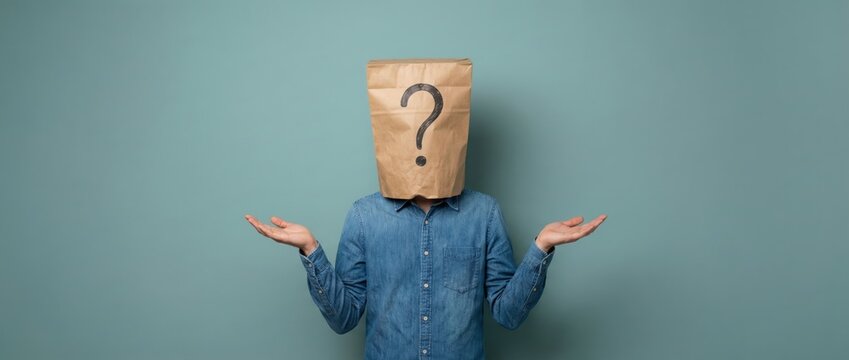 Confused individual with paper bag head question mark indoor setting portrait image neutral background quizzical expression and ambiguity concept