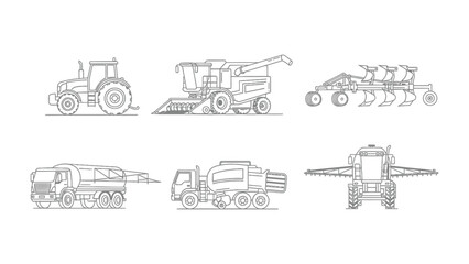 Obraz premium Agricultural Machinery Set: This graphic features a variety of agricultural vehicles and tools, providing a comprehensive view of modern farming equipment and its functions. 
