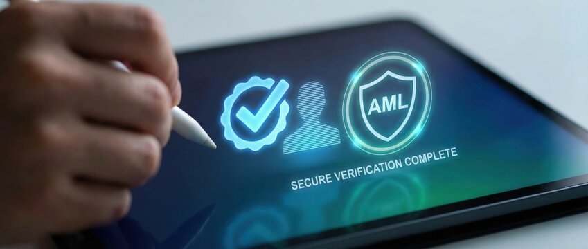 Secure verification action for aml compliance digital environment tablet interface technology insights cybersecurity focus