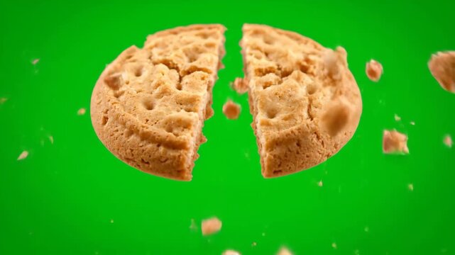 A single golden-brown cookie shatters into two pieces, releasing crumbs against a vibrant green backdrop. Perfect for food-related projects.