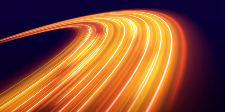 Vibrant rainbow speed streak twists rapidly, leaving luminous curved paths and subtle spark particles for dynamic visuals. vector