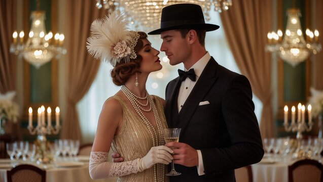 An elegant couple dressed in 1920s fashion share a romantic moment in a luxurious vintage ballroom, evoking timeless glamour and classic sophistication.