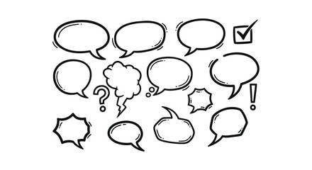 Expressive doodle vector illustration showing various cartoon speech bubbles, thought clouds, and essential communication symbols.