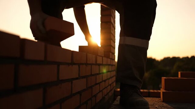 A skilled bricklayer's hands meticulously build a new wall, placing bricks against a golden sunset. This highlights diligent work.