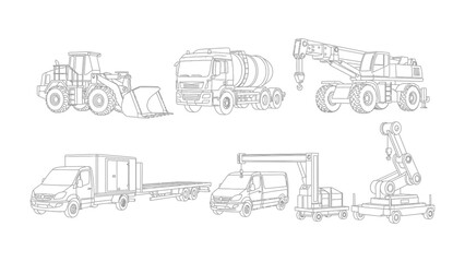 Fototapeta premium Construction Vehicles Schematic: Detailed schematic of various heavy construction machinery, perfect for illustrating construction processes and engineering projects. 