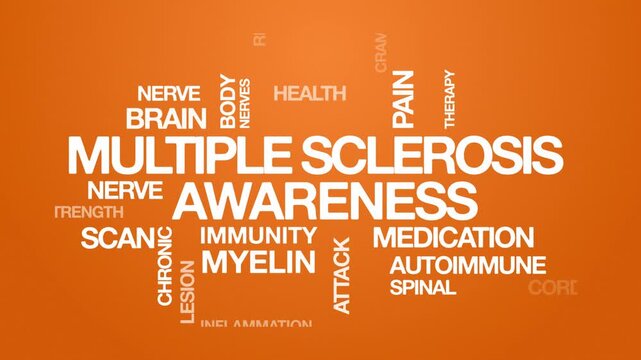 Multiple Sclerosis Awareness concept Animated Tag Word Cloud kinetic typography, Text Design Animation typography seamless loop video motion graphics Intro Wordart orange background bg backdrop