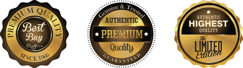 Three gold and black quality seals on a white background