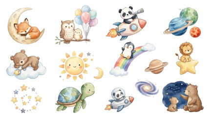 Cute watercolor baby space set with panda rocket, lion star, bears and planets. Collection of Vector illustrations. Perfect for invitation, card, poster, banner, decoration © maria