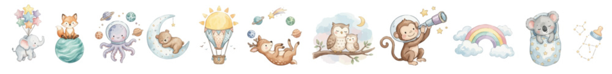Watercolor nursery clipart set with cute baby animals, planets, rainbow, toys. Collection of Vector illustrations. Perfect for invitation, card, poster, banner, decoration © maria