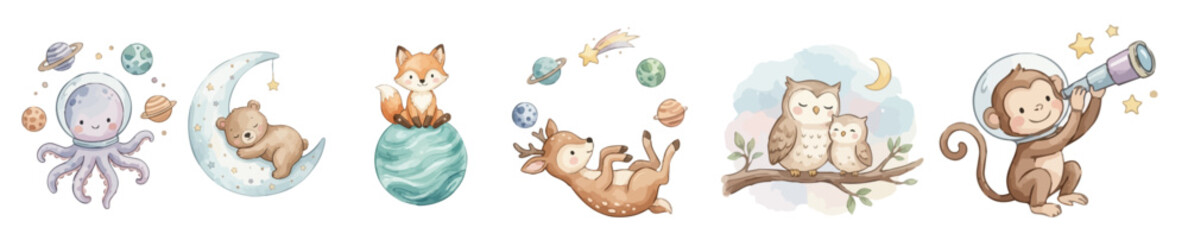 Space nursery clipart. Cute watercolor space nursery set with fox, elephant, bear, koala soft stars. Collection of Vector illustrations. Perfect for invitation, card, poster, banner, decoration © maria