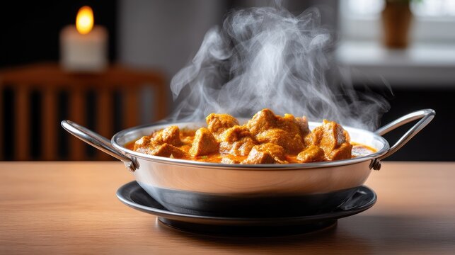 Beautiful Close-Up of Aromatic Curry Dish with Steaming Hot Meat in a Stylish Bowl on a Wooden Table