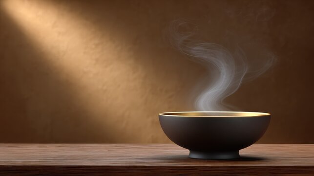 Steaming Bowl on Wooden Surface with Warm Lighting in Minimalist Kitchen Setting for Cozy Atmosphere
