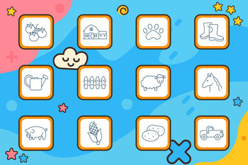 Fototapeta premium Farm agriculture set icon. Tomatoes, barn house, paw print, boots, watering can, fence, sheep, horse, pig, corn, potatoes, pickup truck.