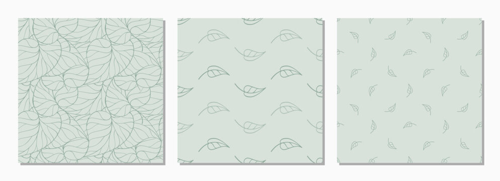 Minimal leaf seamless patterns. Cool mint botanical background set