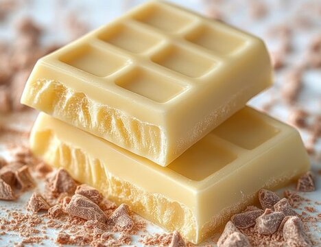 two stacked white chocolate bars with visible bite marks and scattered cocoa nibs and powder in a close-up shot, creamy and indulgent
