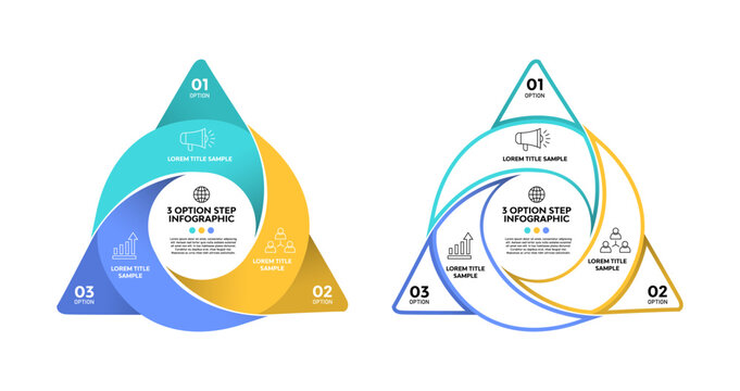 Triangle diagram with three elements. Cyclic business process concept with three stages. Minimalist infographic design template. Vector illustration.