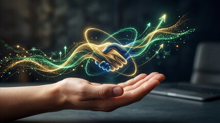 Business handshake with glowing energy lines and growth arrows symbolizes success transparent background