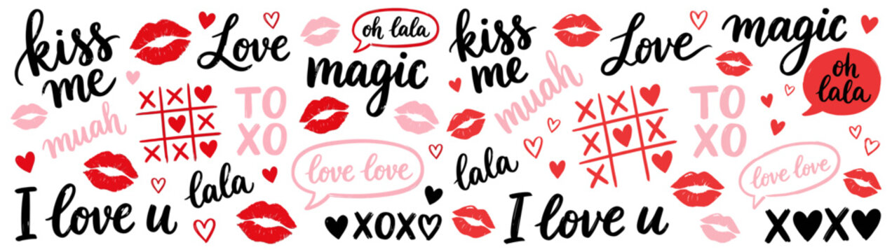 A repeating pattern of Valentines themed graphics including lips hearts tic tac toe and romantic text like kiss me and I love you romance illustration design calligraphy cute
