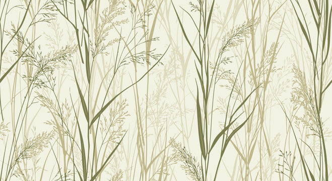 Abstract natural reeds pattern, seamless botanical background, pastel green and beige