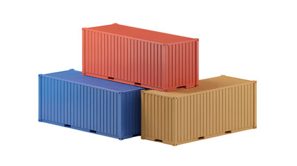 Stacked shipping containers in red blue and brown colors white isolated on transparent background png