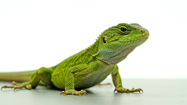 A vibrant green lizard standing on a plain surface, facing right, with detailed scales and sharp claws visible in a close-up shot
