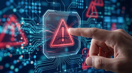 Digital warning sign flashes on futuristic circuit board with a finger interacting transparent background