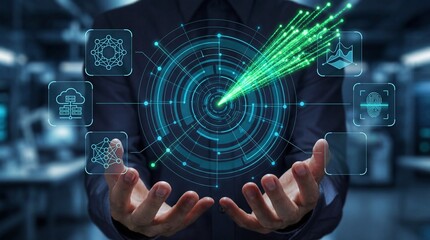 Futuristic digital technology interface displayed over open hands with data streams flowing transparent background