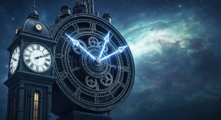 Fototapeta premium Clockwork time tower against starry sky