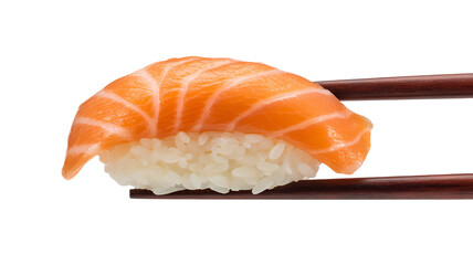 Salmon sushi piece held by chopsticks isolated on transparent background png