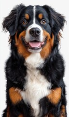 close-up portrait of a happy tricolor bernese mountain dog with fluffy long fur, tongue out and bright expressive eyes on a clean white background