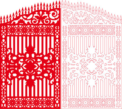 Decorative Paper Cut Vertical Bar Stripe Panel with Ornamental Floral Geometric Bottom Border and Spire Crown Top, Laser Cut Elegant Linear Striped Screen Frame Design
