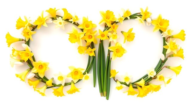 Pair of photorealistic daffodil wreaths on white background, crescent-shaped crowns of yellow and white narcissus with trumpet coronas and star petals