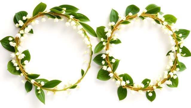 Photorealistic Lily of the Valley Crescent Wreaths - Two delicate stems with nodding white bell flowers and green basal leaves on white background