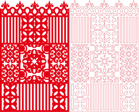 Decorative Paper Cut Mixed Pattern Tile Grid Panel with Striped Floral and Geometric Squares, Laser Cut Ornamental Patchwork Mosaic Screen Crown Border Frame Design