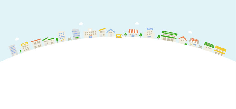 Horizontal flat town illustration in curved arrangement with wide blank space below
