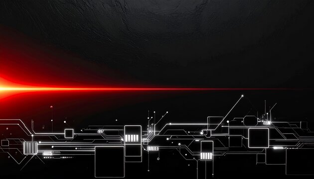 Abstrakcyjne tło technologiczne z białą płytką drukowaną i intensywnym czerwonym promieniem lasera na czarnym tle symbolizującym dane.