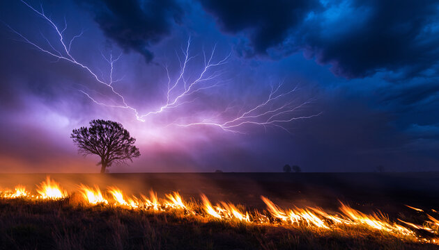 Lightning Storm Over Field with Advancing Grassfire at Dusk