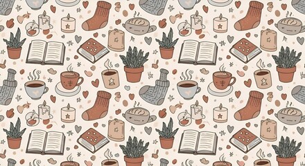 Obraz premium Whisk Seamless Pattern with Coffee Cup Book and Plant