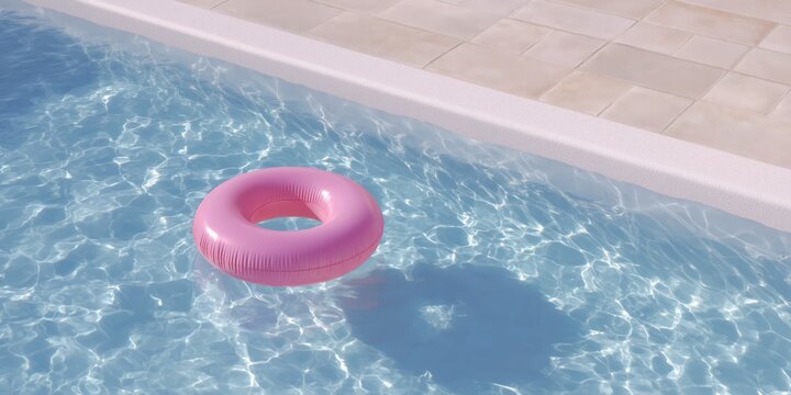 Pink inflatable ring floating in clear blue swimming pool water, creating shadows and ripples, symbolizing summer vacation, relaxation, leisure, and a refreshed feeling