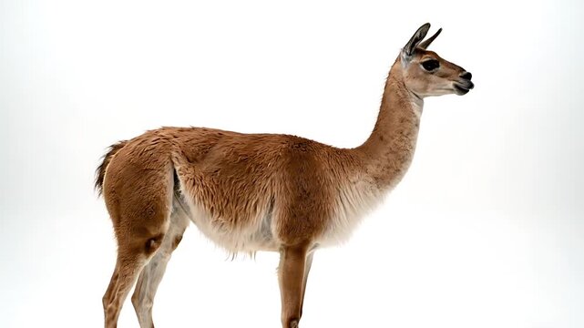 A solitary llama standing tall against a plain background, looking toward the horizon. The llama has brown fur with a gentle expression